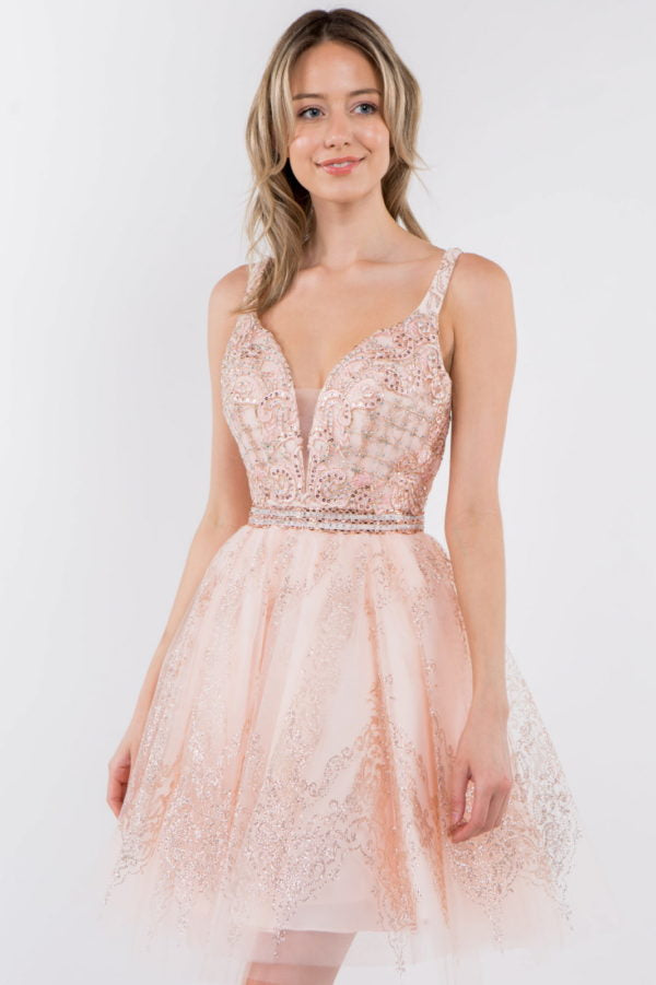 Elizabeth K - GS1965 - Jewel Accented V-Neck Cocktail Dress - Short
