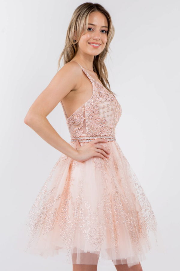 Elizabeth K - GS1965 - Jewel Accented V-Neck Cocktail Dress - Short