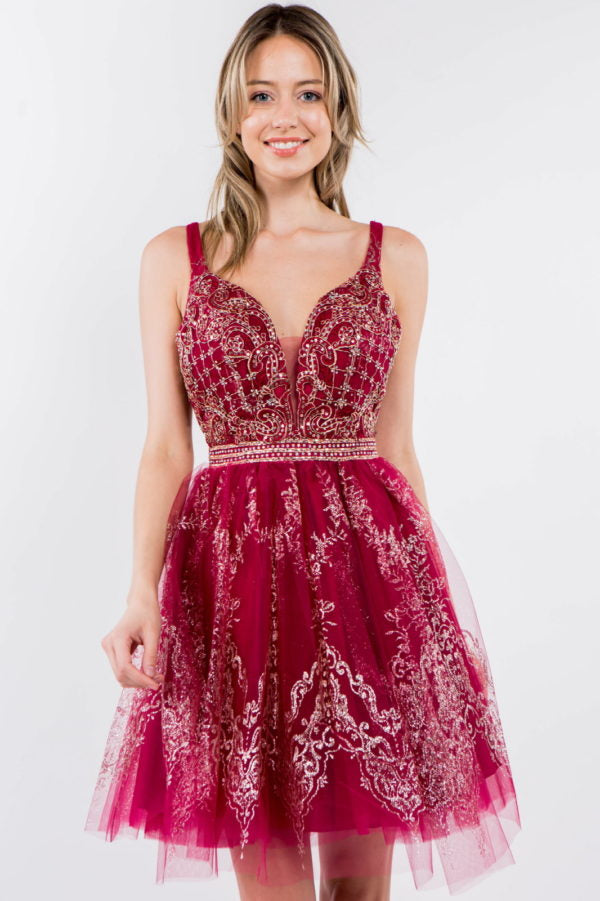 Elizabeth K - GS1965 - Jewel Accented V-Neck Cocktail Dress - Short