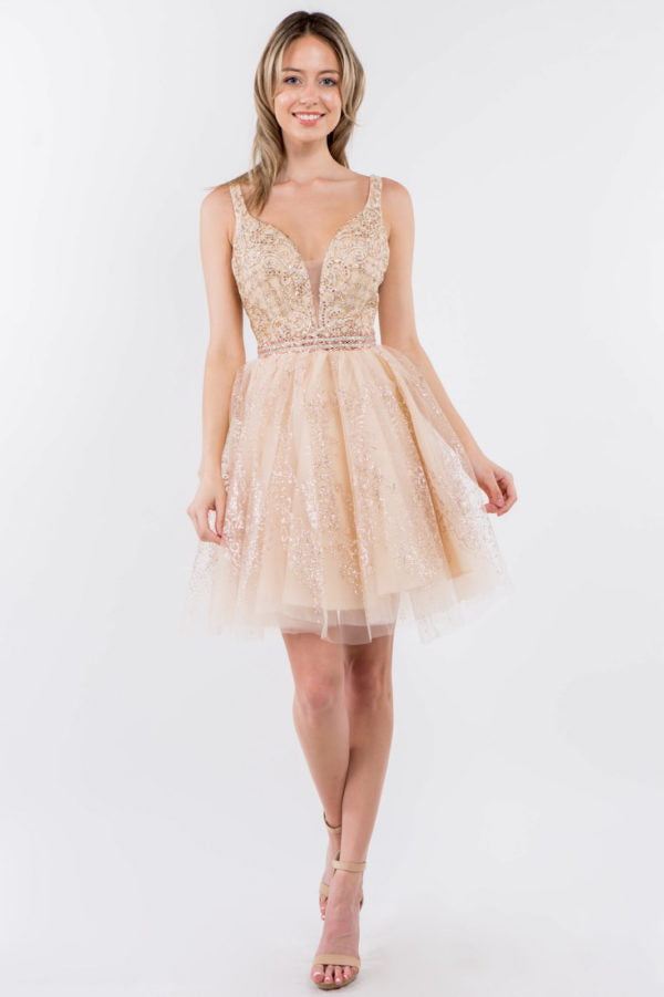 Elizabeth K - GS1965 - Jewel Accented V-Neck Cocktail Dress - Short