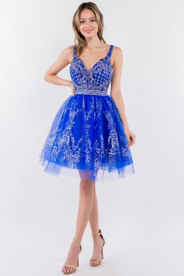 Elizabeth K - GS1965 - Jewel Accented V-Neck Cocktail Dress - Short