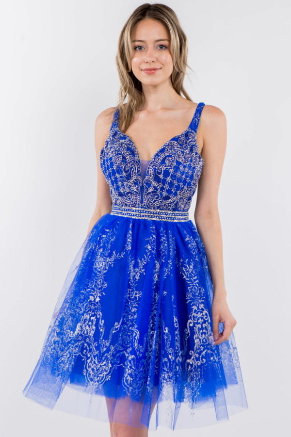 Elizabeth K - GS1965 - Jewel Accented V-Neck Cocktail Dress - Short