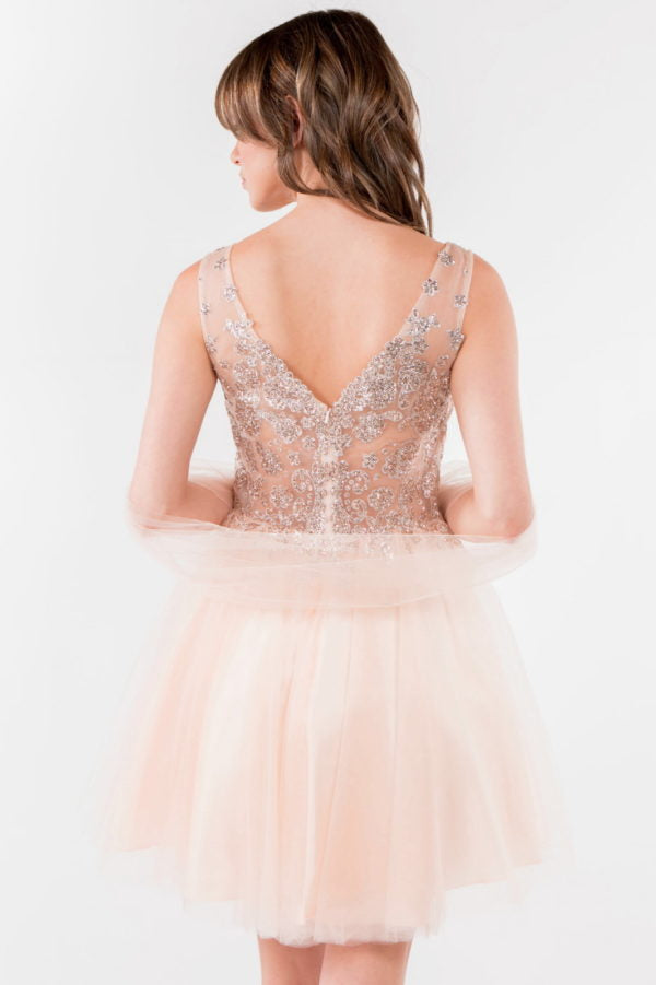 Elizabeth K - GS1968 - Embellished Bodice V-Neck Tulle Short Cocktail Dress