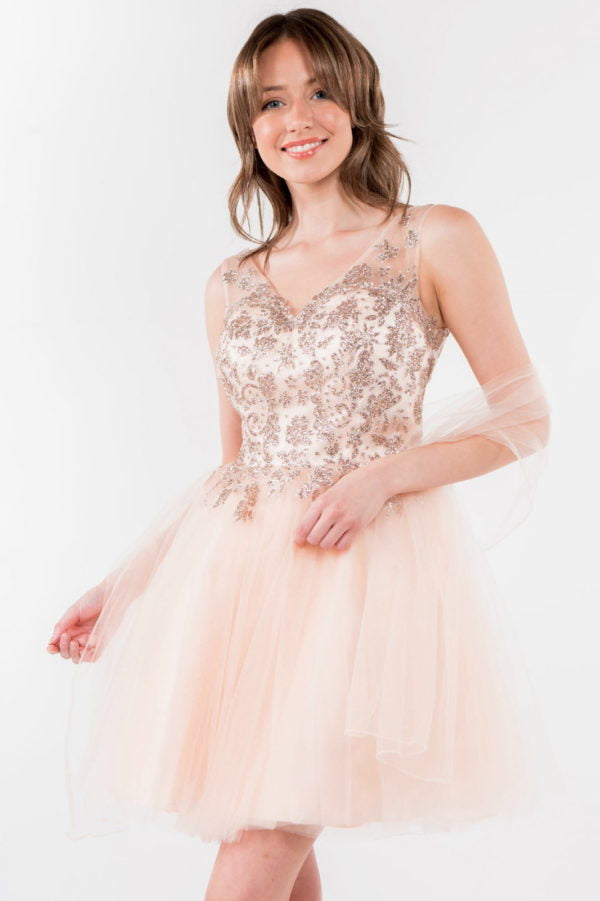 Elizabeth K - GS1968 - Embellished Bodice V-Neck Tulle Short Cocktail Dress