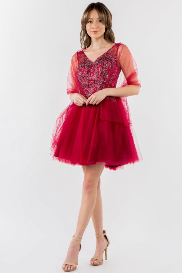 Elizabeth K - GS1968 - Embellished Bodice V-Neck Tulle Short Cocktail Dress