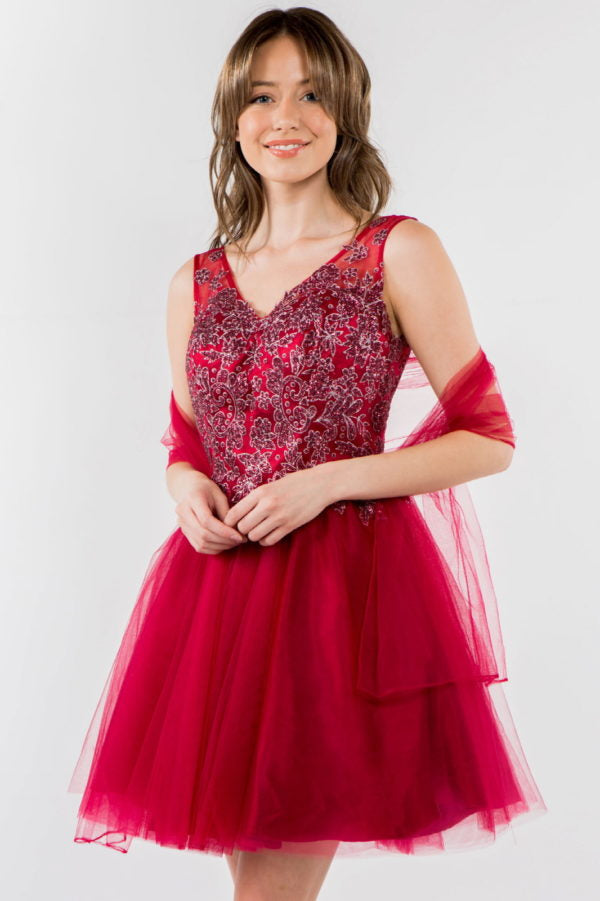 Elizabeth K - GS1968 - Embellished Bodice V-Neck Tulle Short Cocktail Dress