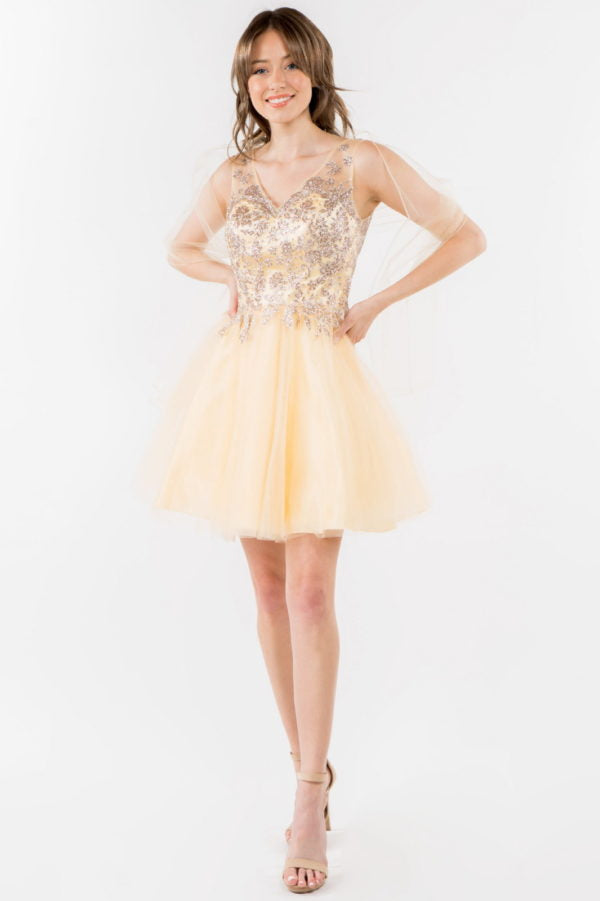 Elizabeth K - GS1968 - Embellished Bodice V-Neck Tulle Short Cocktail Dress