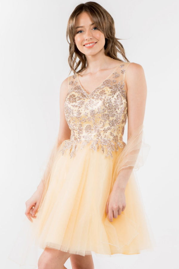 Elizabeth K - GS1968 - Embellished Bodice V-Neck Tulle Short Cocktail Dress