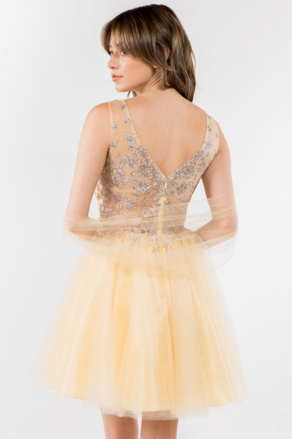Elizabeth K - GS1968 - Embellished Bodice V-Neck Tulle Short Cocktail Dress