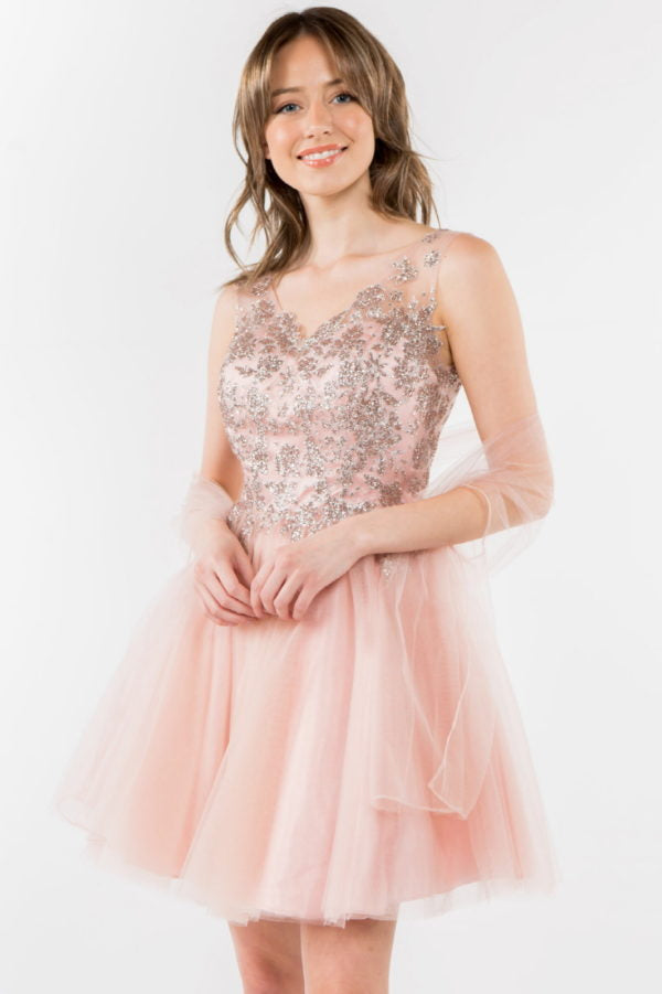 Elizabeth K - GS1968 - Embellished Bodice V-Neck Tulle Short Cocktail Dress