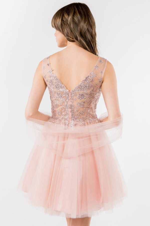 Elizabeth K - GS1968 - Embellished Bodice V-Neck Tulle Short Cocktail Dress
