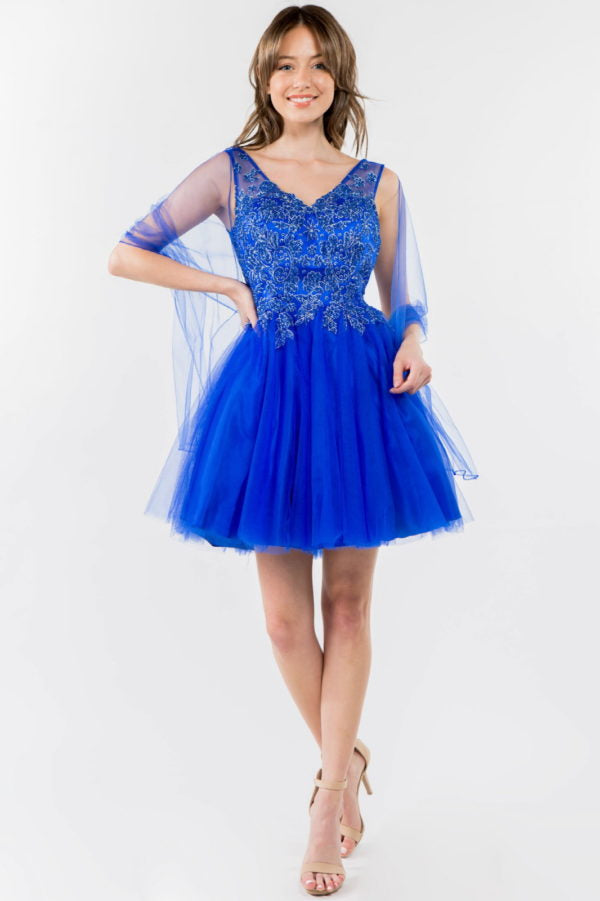 Elizabeth K - GS1968 - Embellished Bodice V-Neck Tulle Short Cocktail Dress