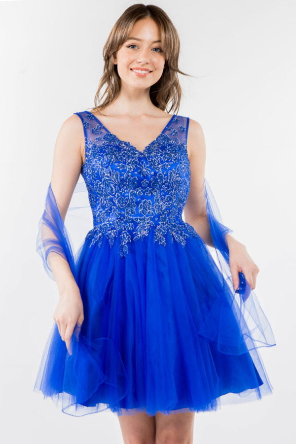 Elizabeth K - GS1968 - Embellished Bodice V-Neck Tulle Short Cocktail Dress