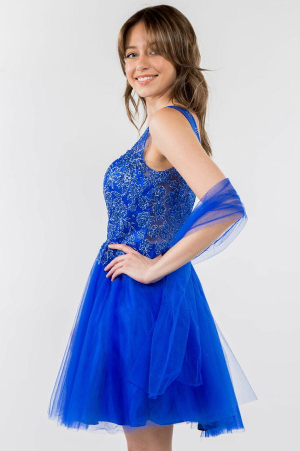 Elizabeth K - GS1968 - Embellished Bodice V-Neck Tulle Short Cocktail Dress