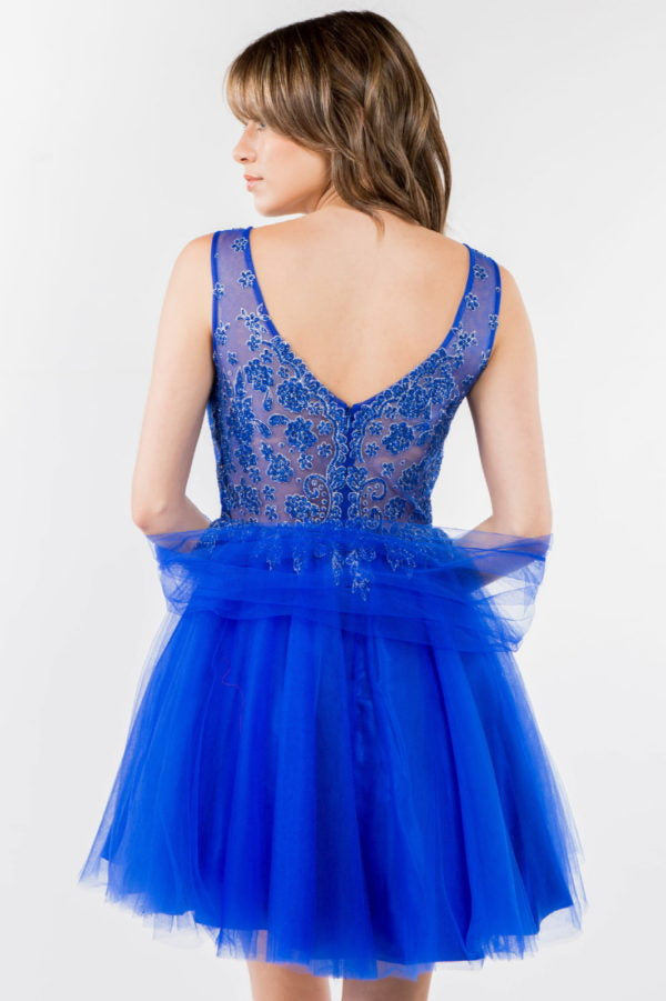Elizabeth K - GS1968 - Embellished Bodice V-Neck Tulle Short Cocktail Dress