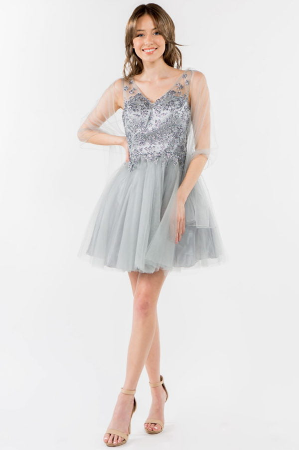 Elizabeth K - GS1968 - Embellished Bodice V-Neck Tulle Short Cocktail Dress