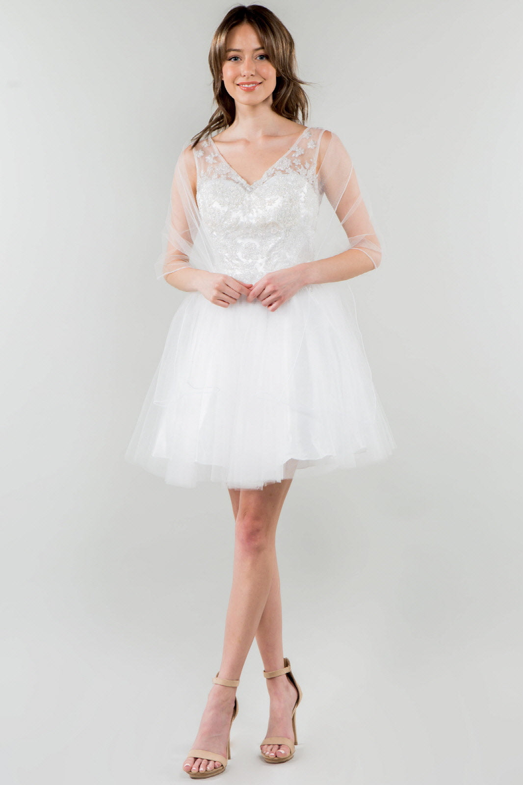 Elizabeth K - GS1968 - Embellished Bodice V-Neck Tulle Short Cocktail Dress