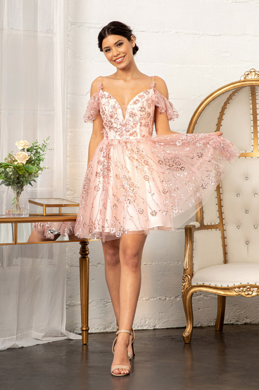 3d floral applique dress short 3D Floral Applique Lace Short Dress