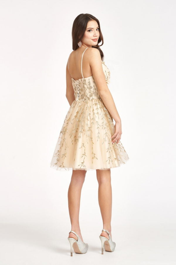 Elizabeth K - GS1998 - 3D Floral Applique Glitter V-Neck Cocktail Dress - Short
