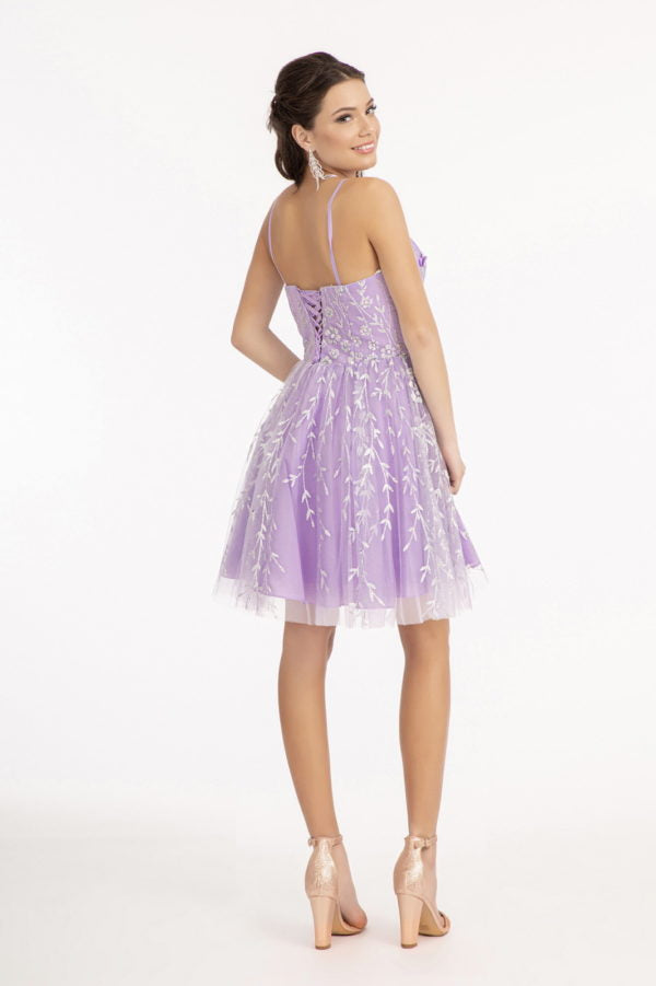 Elizabeth K - GS1998 - 3D Floral Applique Glitter V-Neck Cocktail Dress - Short
