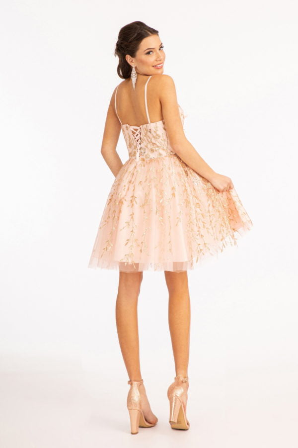 Elizabeth K - GS1998 - 3D Floral Applique Glitter V-Neck Cocktail Dress - Short