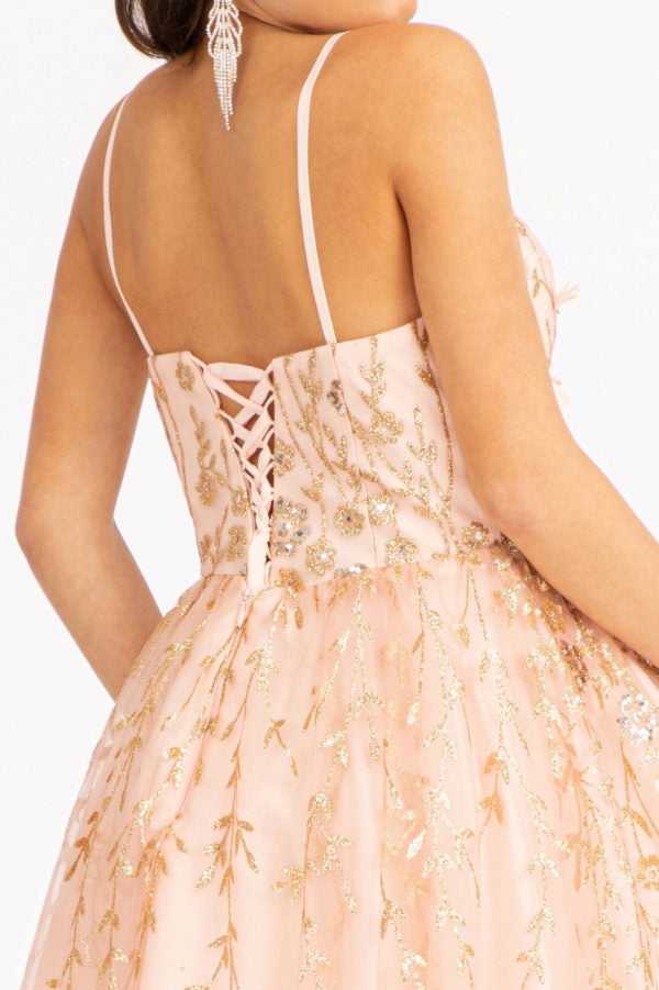 Elizabeth K - GS1998 - 3D Floral Applique Glitter V-Neck Cocktail Dress - Short