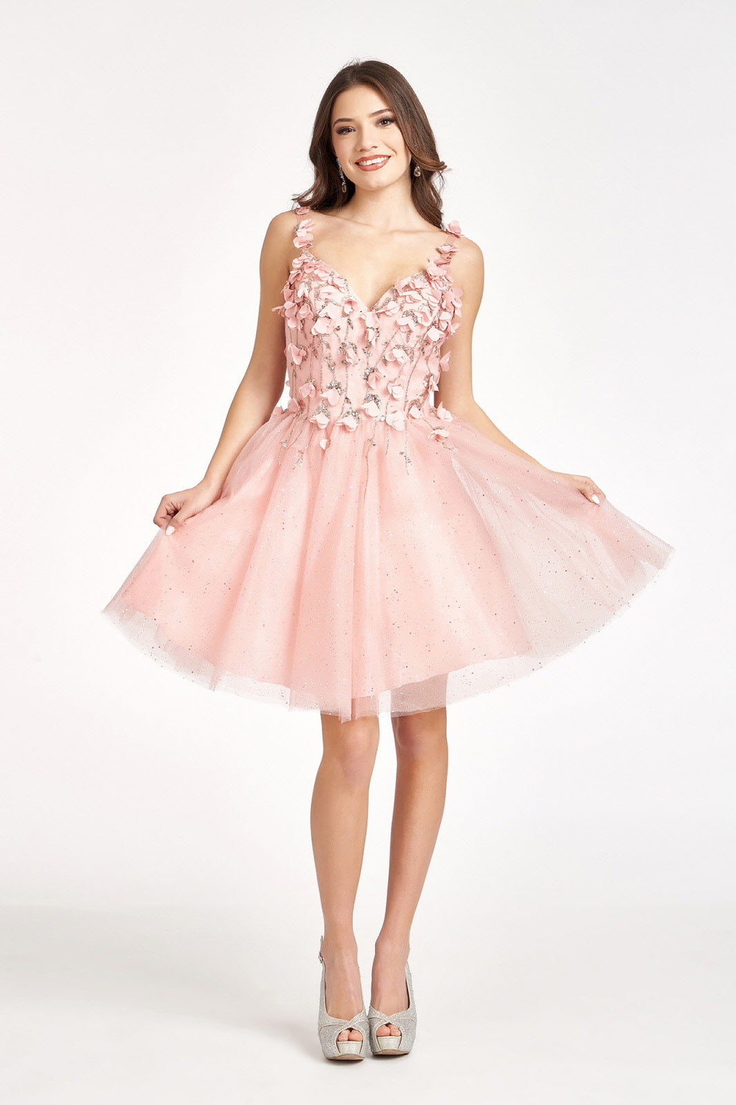 Elizabeth K - GS1999 - 3D Floral Applique Glitter V-Neck Cocktail Dress - Short