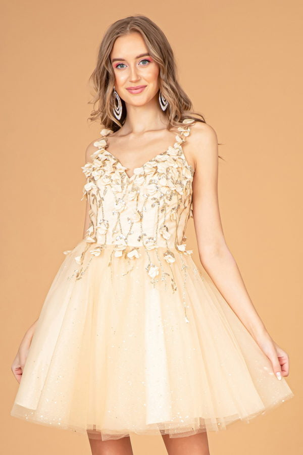 Elizabeth K - GS1999 - 3D Floral Applique Glitter V-Neck Cocktail Dress - Short