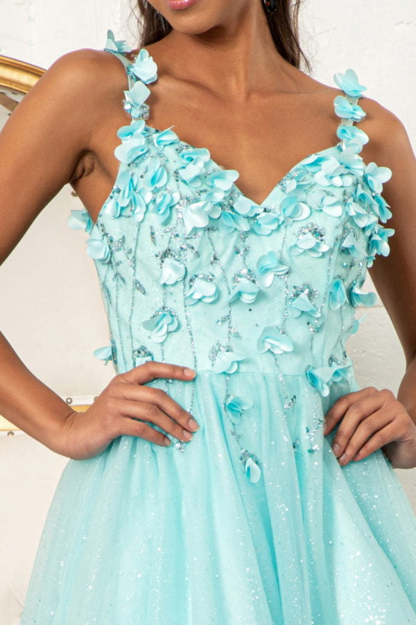 Elizabeth K - GS1999 - 3D Floral Applique Glitter V-Neck Cocktail Dress - Short