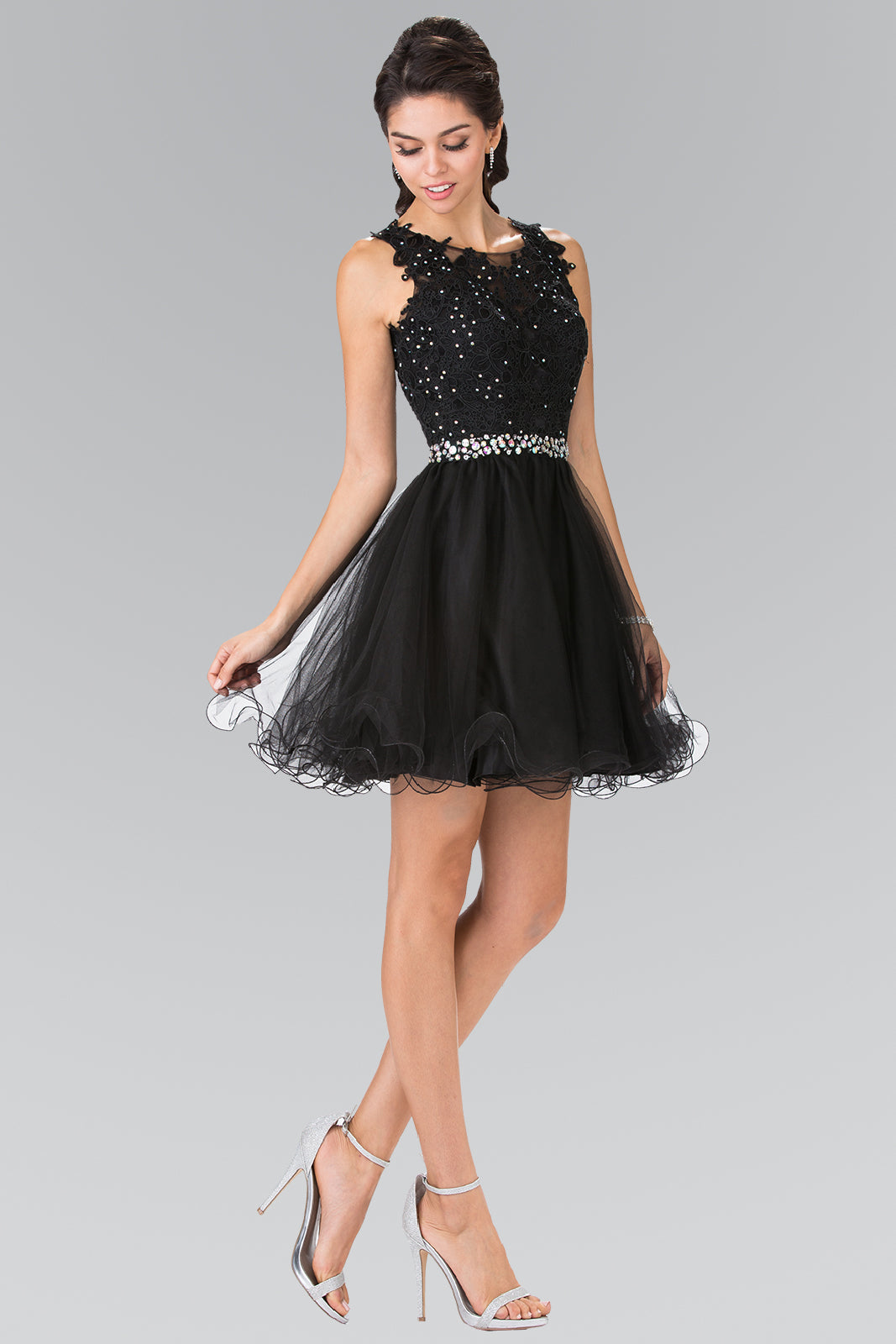 Elizabeth K GS2375 - Short A-line Dress - Lace overlay, Sleeveless, Keyhole, Crystal beading, Tulle XS / Black Elizabeth K GS2375 - Short A-line Dress - Lace overlay, Sleeveless, Keyhole, Crystal beading, Tulle XS / Black