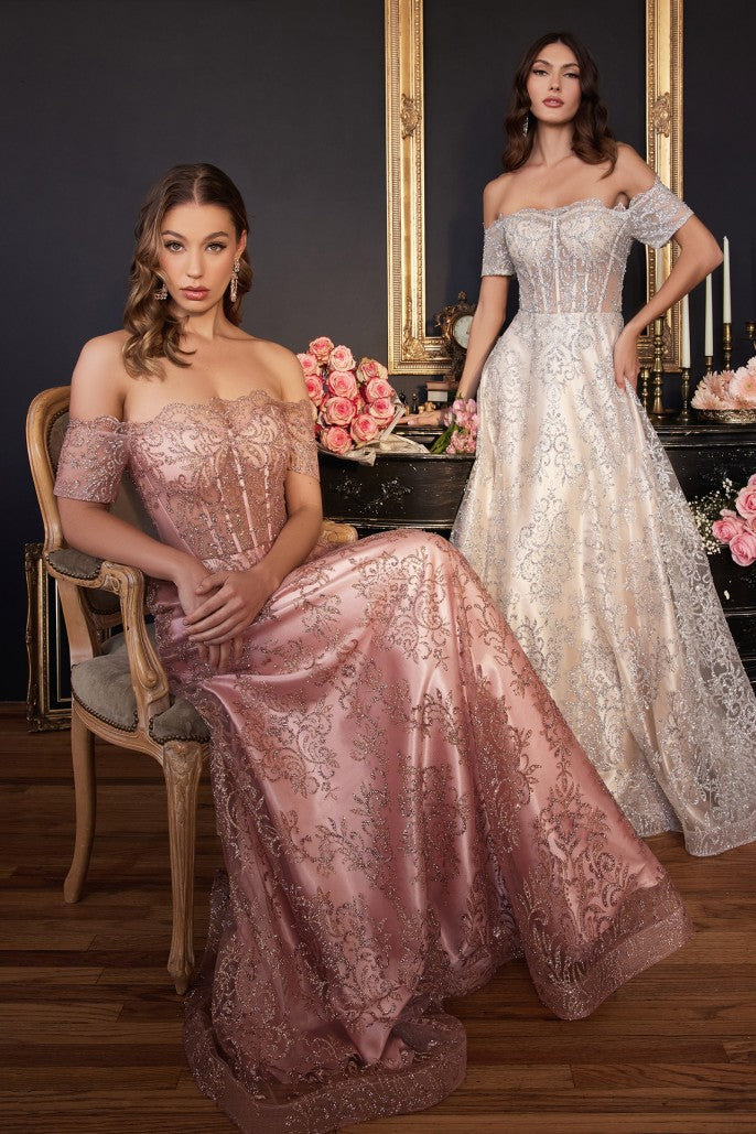 Off Shoulder Glitter A-Line Gown By Ladivine J835 - Women Evening Formal Gown - Special Occasion/Curves