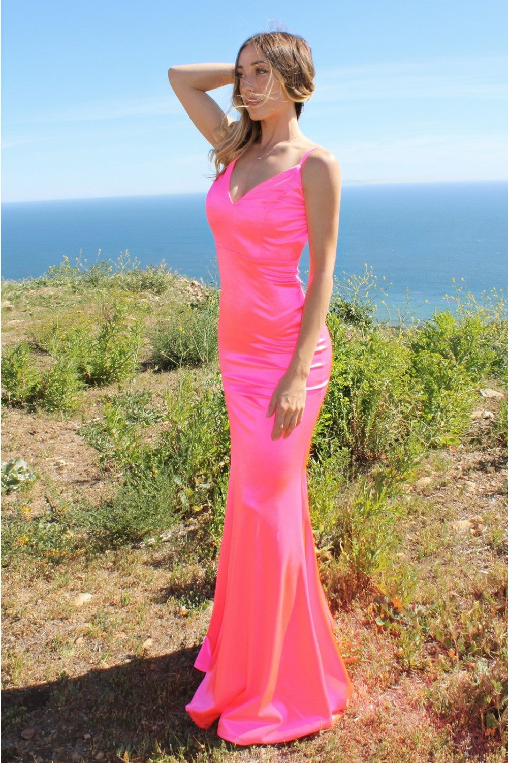 Neon Fitted Satin Dress by Cinderella Divine SE016P - Special Occasion