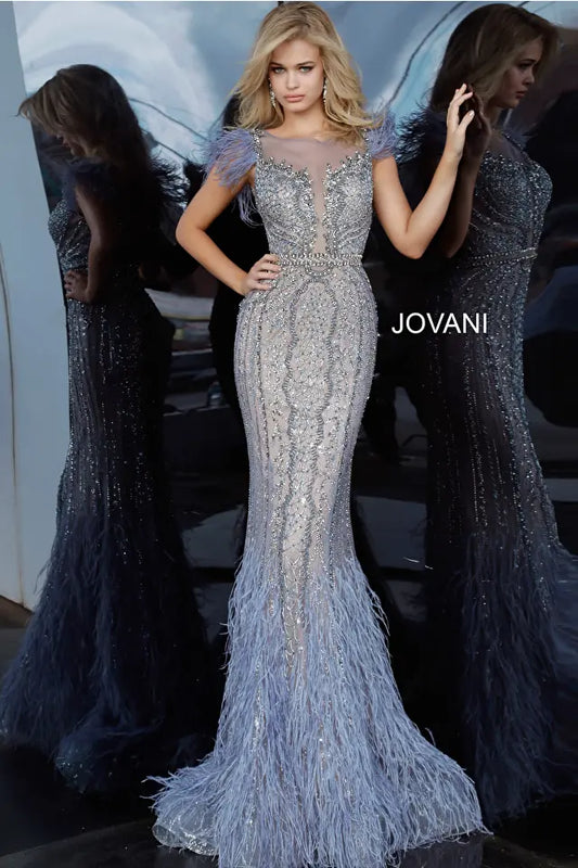 Jovani 02326 Beaded Feather Mermaid Dress - Special Occasion/Curves