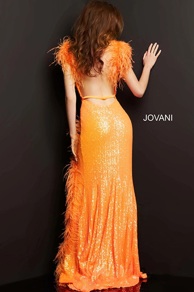 Jovani 06164 Fitted Sequin V-Neckline Feather Dress - Special Occasion