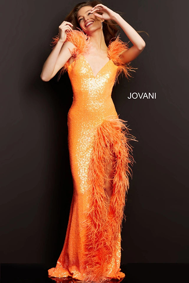 Jovani 06164 Fitted Sequin V-Neckline Feather Dress - Special Occasion