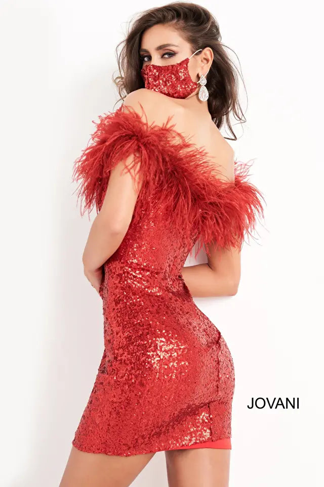 Jovani 06167 Sequin Feather Neckline Short Dress - Special Occasion