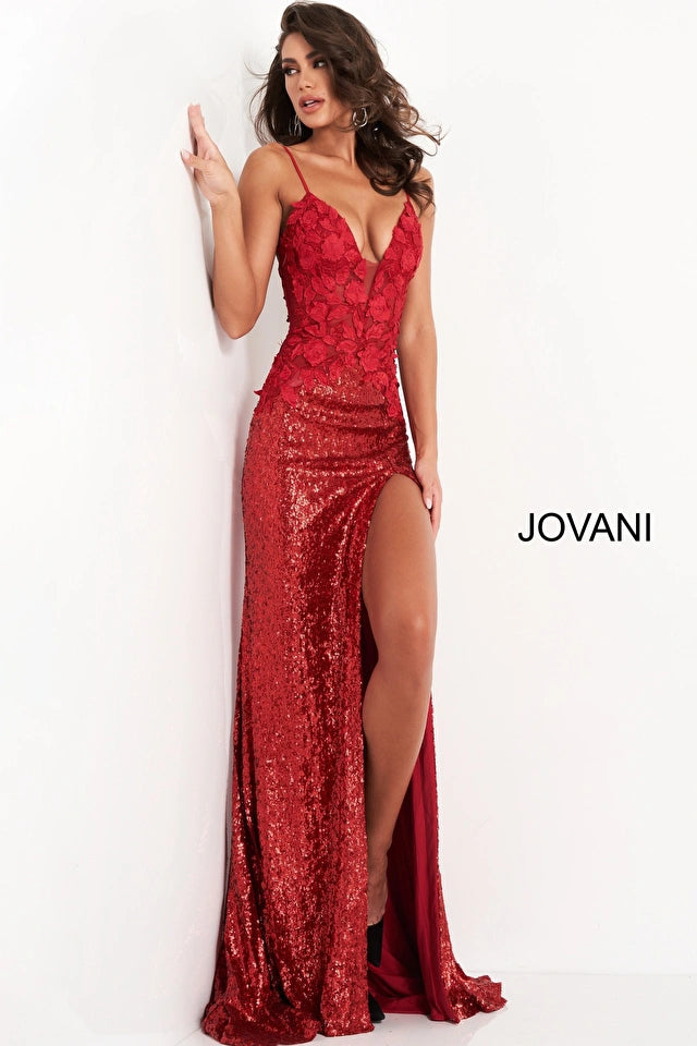 Jovani 06426 Floral Appliques Sequin High Slit Dress - Special Occasion/Curves