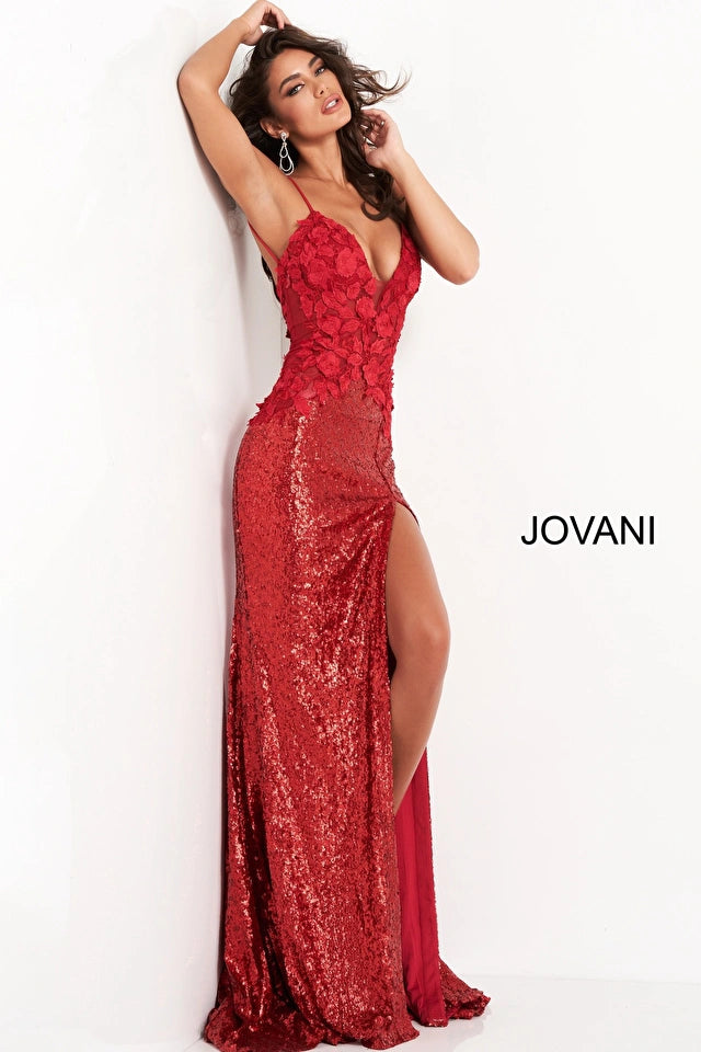 Jovani Dress 23368  Red Strapless High Slit Party Dress