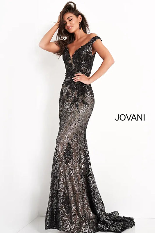 Jovani 06437 Off The Shoulder Lace Prom Dress - Special Occasion