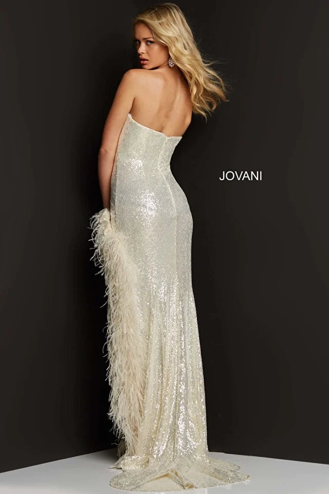 Jovani 07068 Strapless Sequin Feather High Slit Gown - Special Occasion