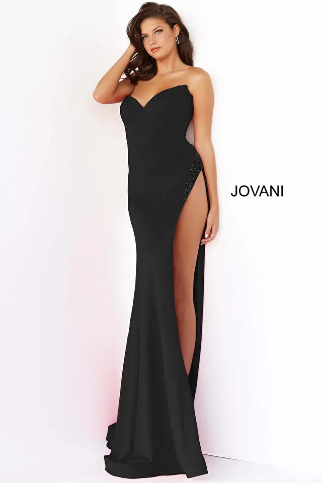 Jovani 07138 Strapless V-Neckline Leg Slit Gown - Special Occasion