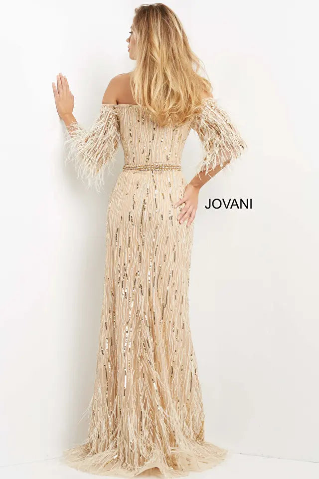 Jovani 07195 Embellished Feather Sleeve Sheath Dress - Special Occasion/Curves