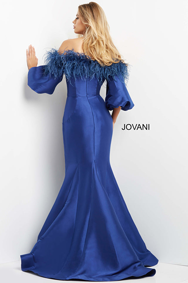 Jovani 08356 Off the Shoulder Feather Neckline Long Sleeve Evening Dress - Special Occasion/Curves