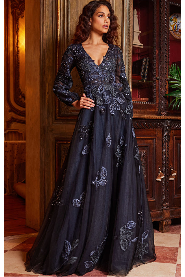 Jovani 09943 Embroidered Long Sleeve Floral Beaded A-Line Evening Dress - Special Occasion/Curves