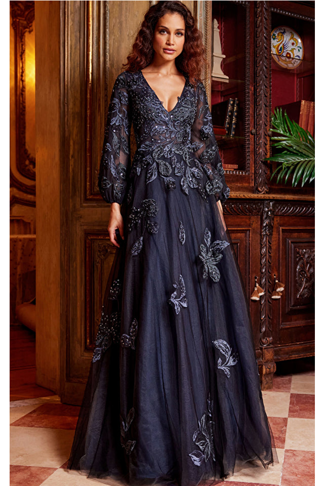 Embroidered Long Sleeve Prom Dress