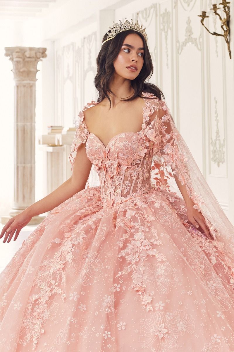blush pink quince dress Floral Strapless Sweetheart Neckline Gown by Cinderella Divine 15719