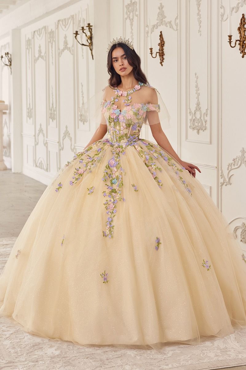 Multi Colored Floral Off Shoulder Gown by Cinderella Divine 15724 - Quinceanera