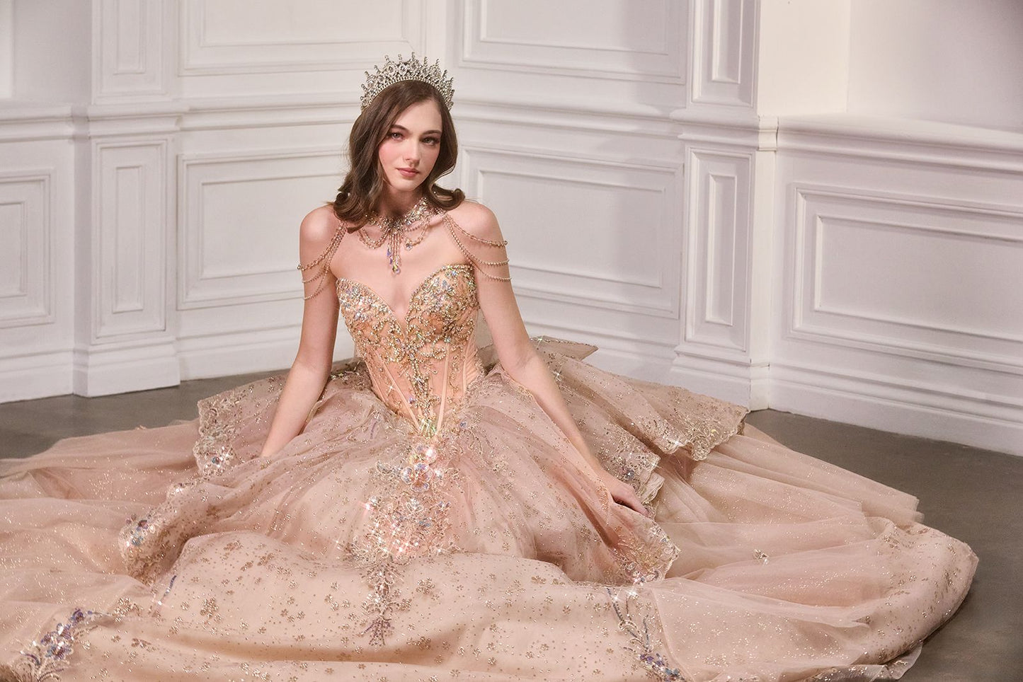 Ladivine 15727 Long Quinceanera Dress Rose Gold / Small