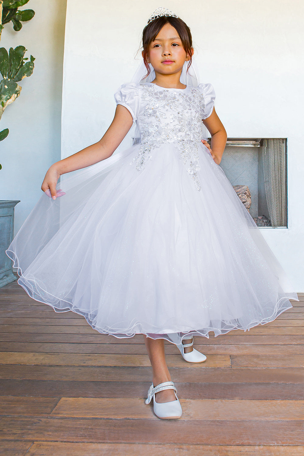 White Lace Satin Cap Sleeves Sash Communion Dress Big Girls