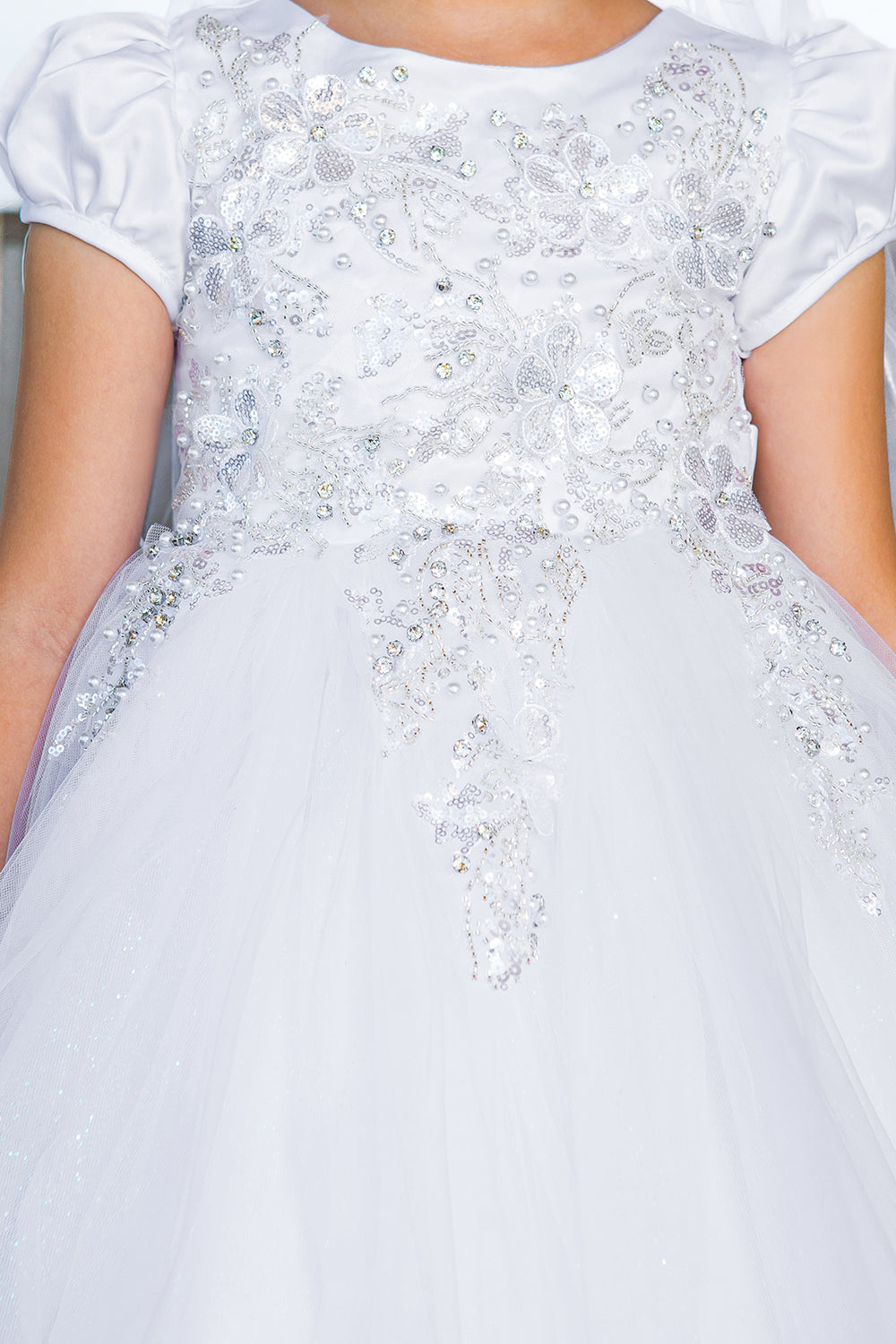 White Lace Satin Cap Sleeves Sash Communion Dress Big Girls